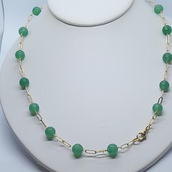 New Jewelry - New, Stamped, Green Aventurine Paper Clip Chain Station Necklace,
